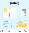 Budget planning concept with notebook, calculator, glasses, pen, coins on light blue background 136526745