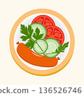 Plate with sliced tomatoes, cucumbers, sausage, and parsley as garnish on white background 136526746