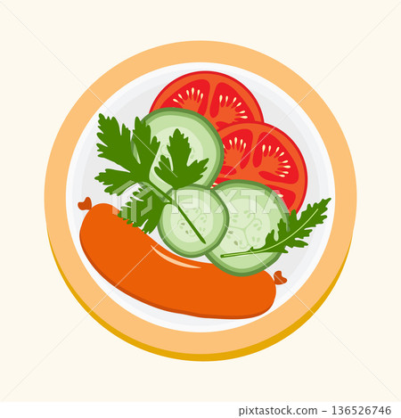 Plate with sliced tomatoes, cucumbers, sausage, and parsley as garnish on white background 136526746