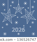 Christmas star ornaments hanging with snowflakes and 2026 number on a blue background 136526747
