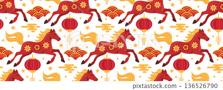 Seamless running horses Chinese New Year pattern red and gold 136526790