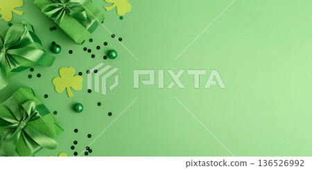 Green Gift Boxes with Shamrocks and Sequins. Festive St. Patricks Day Arrangement 136526992