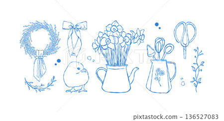 A set of hand-drawn vector Easter and spring elements. Sketches of a teapot with flowers, a chick, a pussy willow wreath, flowers, and bows. Vector linear illustration in blue. Spring isolated clip 136527083
