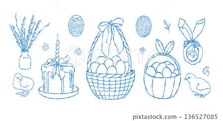 A set of hand-drawn vector Easter elements. Sketches of baskets with eggs, chicks, pussy willow, Easter cake, and flowers. Vector line illustration in blue. Easter isolated clipart. A set of hand-drawn vector Easter elements. Sketches of baskets with eggs, chicks, pussy willow, Easter cake, and flowers. Vector line illustration in blue. Easter isolated clipart. 136527085