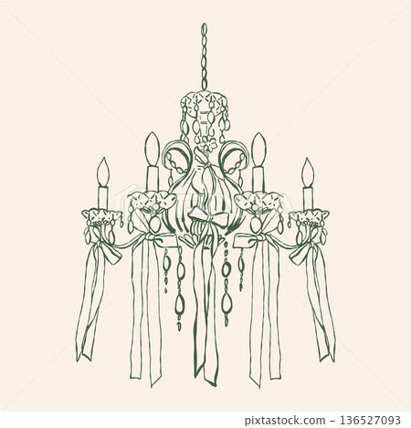 A whimsical crystal chandelier with bows, executed in a linear style. A hand-drawn vintage lamp with candles. Vector outline illustration in green. A whimsical crystal chandelier with bows, executed in a linear style. A hand-drawn vintage lamp with candles. Vector outline illustration in green. 136527093