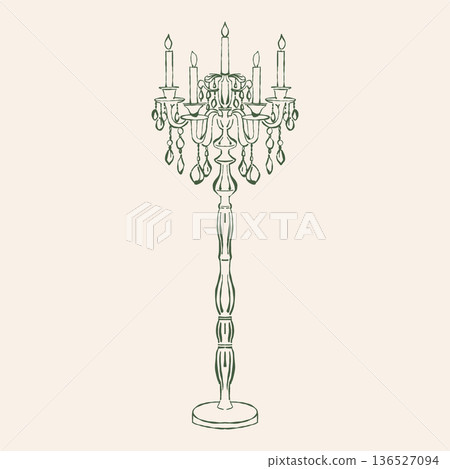 A vintage hand-drawn candelabra floor lamp with candles and green crystals. Vector outline illustration of a luxurious antique candelabra in a retro sketch style. A vintage hand-drawn candelabra floor lamp with candles and green crystals. Vector outline illustration of a luxurious antique candelabra in a retro sketch style. 136527094