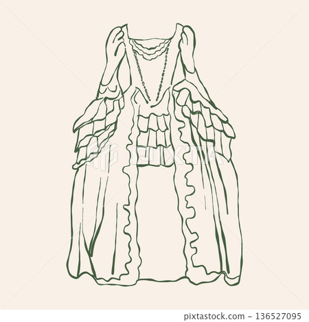 Womens dress of the Baroque and Rococo periods. Line art illustration of historical costume in green.Vintage womens clothing vector clip art Womens dress of the Baroque and Rococo periods. Line art illustration of historical costume in green.Vintage womens clothing vector clip art 136527095