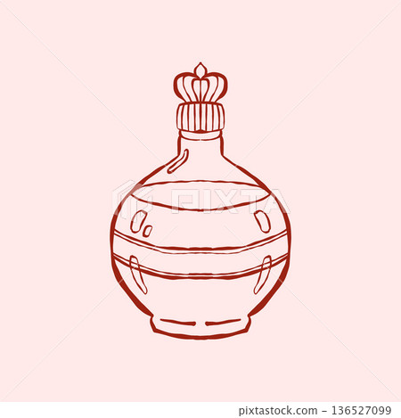 Vintage perfume bottle in line style. Womens perfume. Eau de toilette icon. Vector outline illustration in red. 136527099