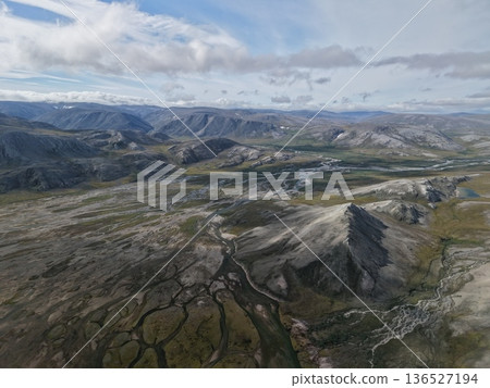 Aerial view Lavrentiya bay Bering waters remote coastal terrain landscape Aerial view Lavrentiya bay Bering waters remote coastal terrain landscape 136527194
