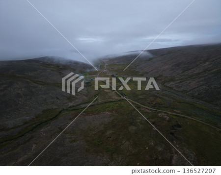Aerial view Lavrentiya bay Bering waters remote coastal terrain landscape 136527207