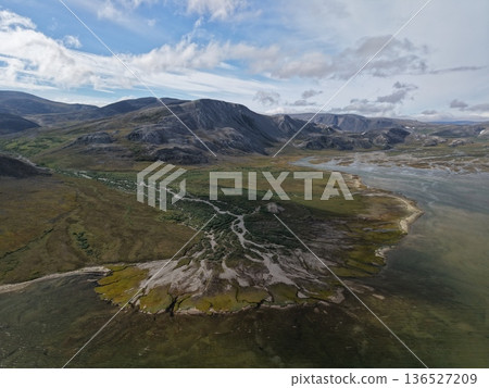 Aerial view Chukotka wilderness landscape Arctic coastal beauty landscape 136527209