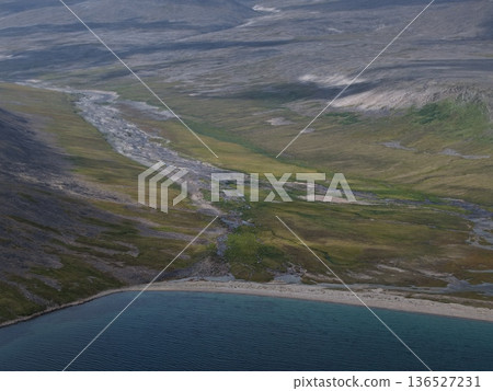 Aerial view Chukotka wilderness landscape Arctic coastal beauty landscape 136527231