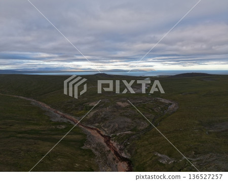 Aerial view Chukotka Arctic coastline pristine tundra wilderness landscape Aerial view Chukotka Arctic coastline pristine tundra wilderness landscape 136527257