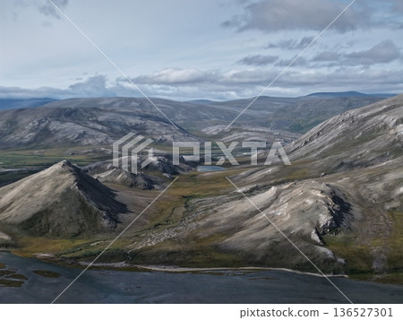 Aerial view Lavrentiya bay Bering waters remote coastal terrain landscape 136527301