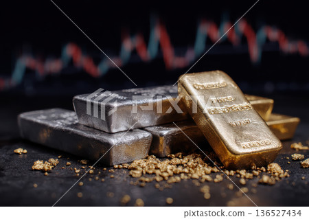 Golden Wealth: Stacked Gold Bars and Silver Ingots, a Luxurious Investment Concept 136527434