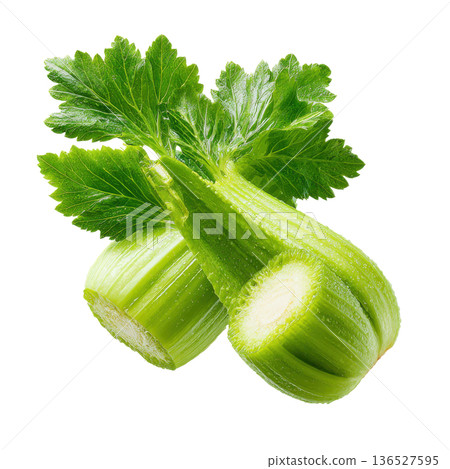 Fresh Japanese Wasabi Celery, Isolated, Top View, White Background, Perfect for Food Photography 136527595