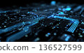 Blue Digital Circuit Board: Futuristic Tech Concept, Black Background, Copy Space 136527599