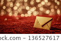 Golden Envelope on Red Carpet, Festive Bokeh Lights, Flat Lay for Holiday Invites 136527617