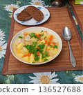 Vegetables and Meat Soup with Pork, Potato, Carrot, Celery; Turnip and Parsley. 136527688