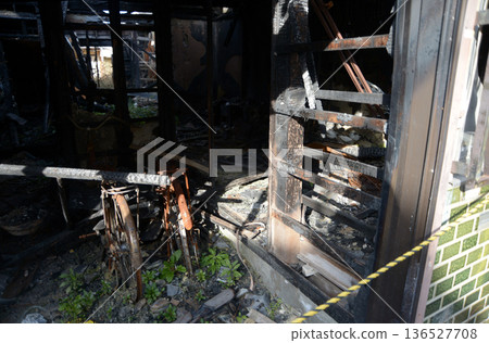 Street corner scenery, burnt ruins, sketch photo 136527708