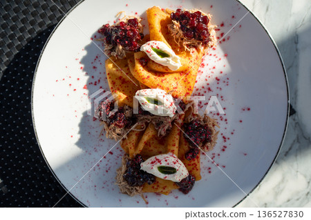 Gourmet crepes with pulled pork and berry preserve Gourmet crepes with pulled pork and berry preserve 136527830