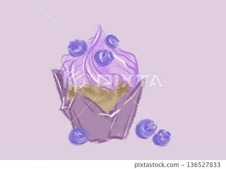 Cupcake with cream frosting, berries, purple wrap, pastel illustration, dessert 136527833