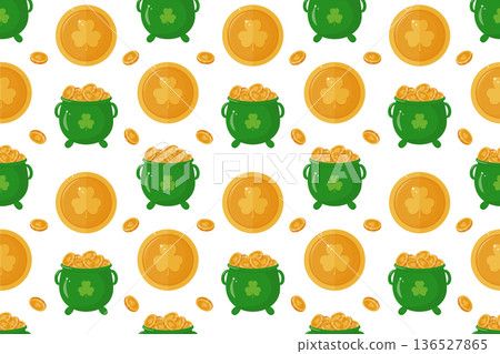 Saint Patrick day seamless pattern with emerald pots of gold and coins in the shape of a shamrock. Traditional Irish festival, symbol of good luck and wealth. Festive wallpaper for gift packaging Saint Patrick day seamless pattern with emerald pots of gold and coins in the shape of a shamrock. Traditional Irish festival, symbol of good luck and wealth. Festive wallpaper for gift packaging 136527865