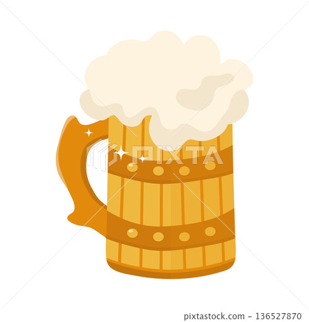 Wood mug with foamy beer, a traditional drink for festive drink. A refreshing beverage for celebrating St Patricks Day, Oktoberfest, or brewery design. Isolated cartoon vector art. Wood mug with foamy beer, a traditional drink for festive drink. A refreshing beverage for celebrating St Patricks Day, Oktoberfest, or brewery design. Isolated cartoon vector art. 136527870