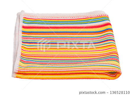 Cleaning napkin folded in multi-colored stripes isolate on white background. 136528110