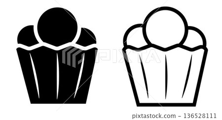 Cupcake and Muffi icon. Black or white silhouette dessert, isolated on white background. linear illustration, logo for bakery shop, hand drawn artwork 136528111