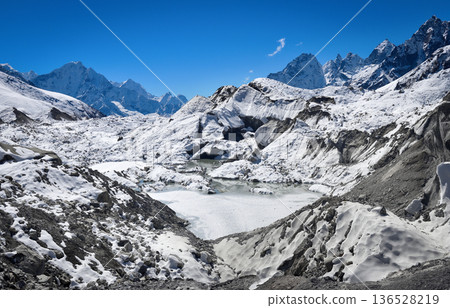 Himalaya mountain landscape and Ngozumpa glacier in Everest region, Nepal Himalaya mountain landscape and Ngozumpa glacier in Everest region, Nepal 136528219