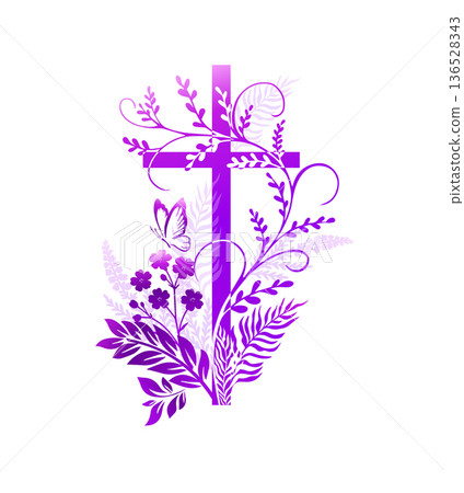 Religious violet cross with flowers. Hand drawn. Not AI, vector illustration 136528343