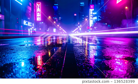 雨後霓虹閃爍的城市街道 / 賽博龐克風格夜景背景素材 136528399