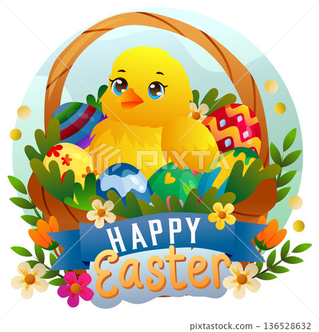 baby chick easter on wooden basket baby chick easter on wooden basket 136528632