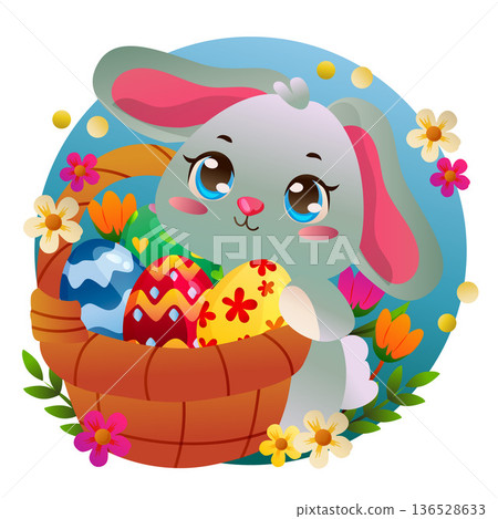 gray bunny holding wooden easter basket gray bunny holding wooden easter basket 136528633