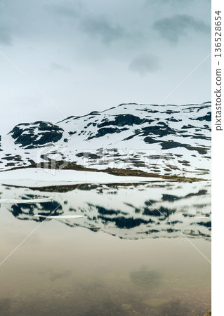 Norway scenic mountains with frozen lake. Norway scenic mountains with frozen lake. 136528654