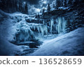 Frozen Mountain Waterfalls in Serene Winter Landscape 136528659