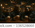 Moose, bear and beaver in leather drinking beer at the bar. 136528660