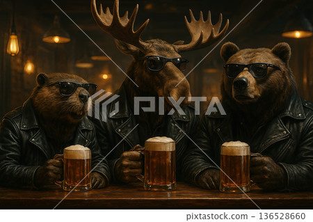 Moose, bear and beaver in leather drinking beer at the bar. 136528660