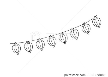 Decorative whimsical lanterns hanging on string, hand drawn outline illustration of festive garland for home or garden outdoor celebration decor, doodle party design element 136528886