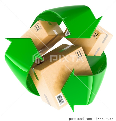 Cardboard packaging boxes with recycling symbol. 3D rendering Cardboard packaging boxes with recycling symbol. 3D rendering 136528937