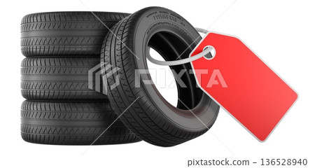 Car tires stack with blank red price tag, sale and promotion concept, 3D rendering Car tires stack with blank red price tag, sale and promotion concept, 3D rendering 136528940