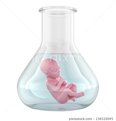 Test tube baby, concept with human embryo in laboratory flask. 3D rendering 136528945