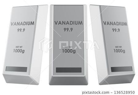 Vanadium metal bars ingots side and front views. 3D rendering Vanadium metal bars ingots side and front views. 3D rendering 136528950