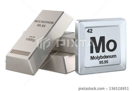 Molybdenum ingots and periodic table element Mo. 3D rendering 136528951