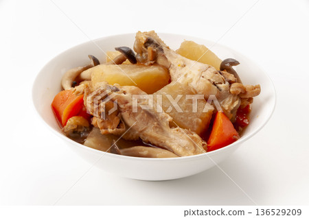 Chicken wings and radish stew with carrots and shimeji mushrooms, Japanese home cooking Chicken wings and radish stew with carrots and shimeji mushrooms, Japanese home cooking 136529209