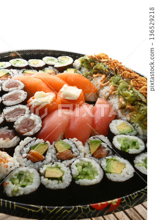 Assorted Sushi Platter on Elegant Plate 136529218