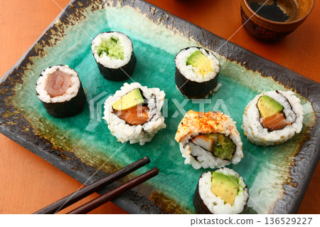 Assorted Sushi Platter on Elegant Plate Assorted Sushi Platter on Elegant Plate 136529227