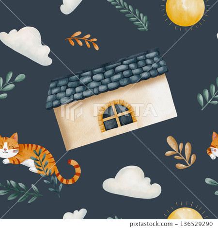 Seamless watercolor pattern with ginger tabby cat, tiled-roof house, sun, clouds, and grass. Storybook elements on dark blue background. Hand-drawn, for nursery wall art, posters, and designs 136529290