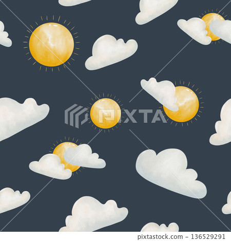 Hand-drawn watercolor seamless pattern of bright sun breaking through white clouds against dark blue sky - for textiles, weather forecast graphics, and metaphorical packaging design Hand-drawn watercolor seamless pattern of bright sun breaking through white clouds against dark blue sky - for textiles, weather forecast graphics, and metaphorical packaging design 136529291